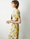 Yellow Floral 100% Mulberry Silk Belted Midi Dress