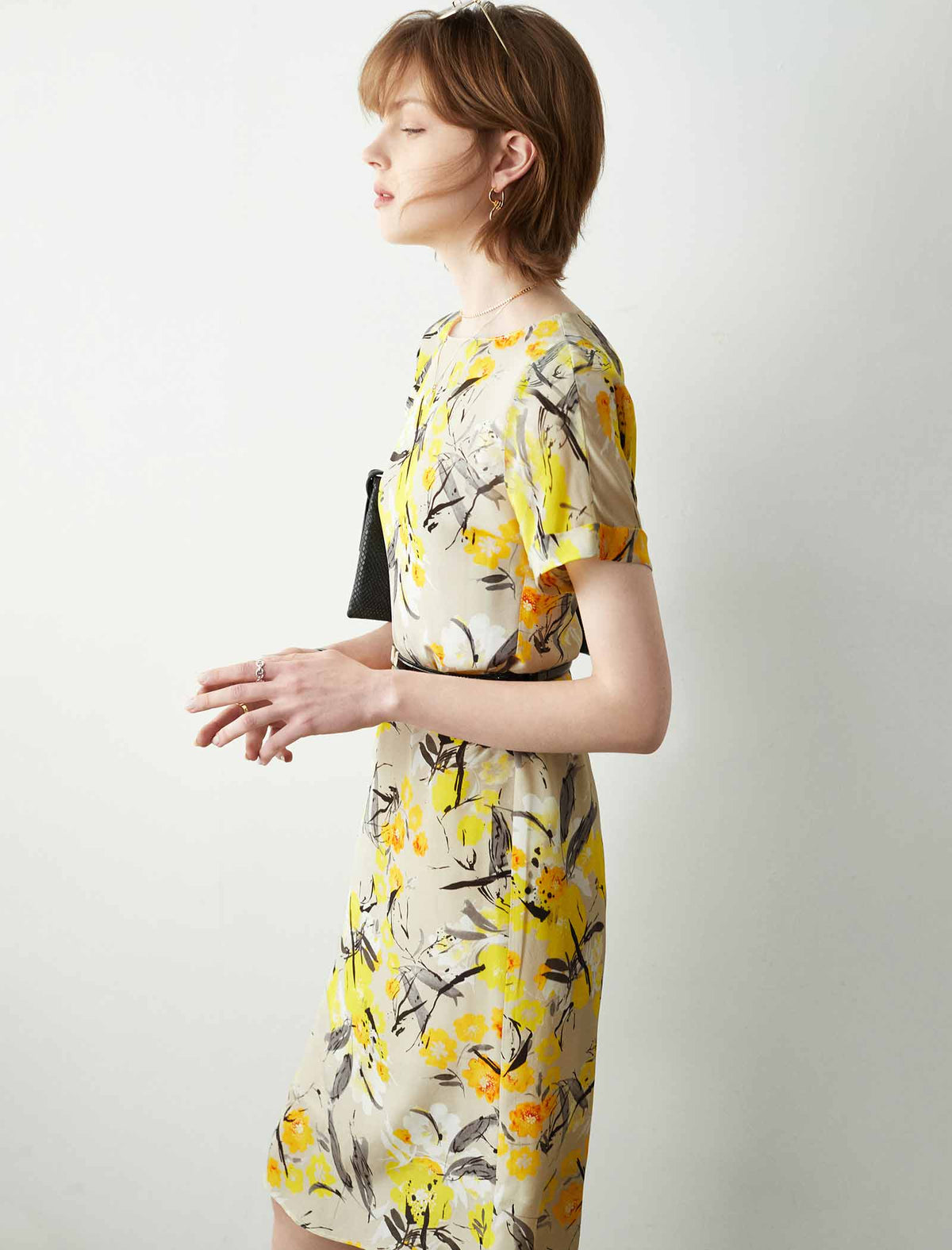Yellow Floral 100% Mulberry Silk Belted Midi Dress