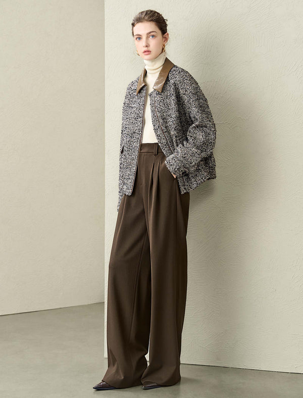 Tweed Wool-Blend Leather Collar Jacket