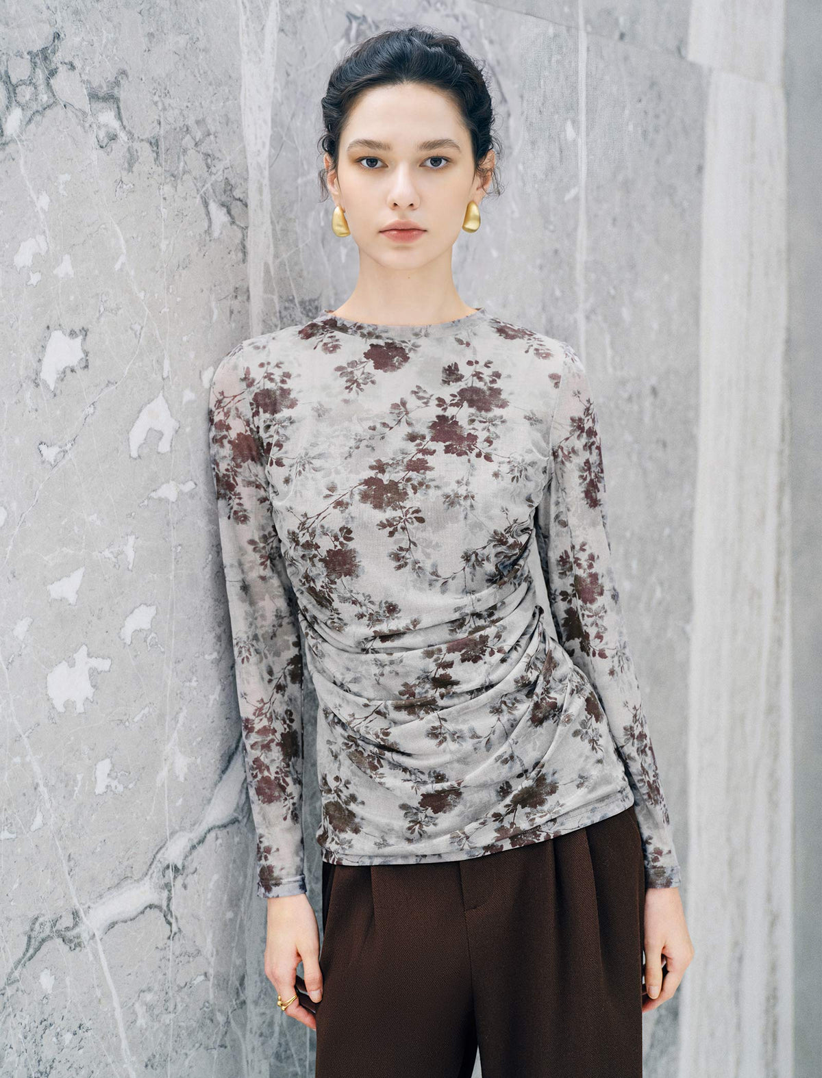 Vintage Floral Print Long Sleeve Ruched Top