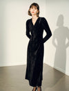 Black Velvet V-Neck Long Sleeve Maxi Dress