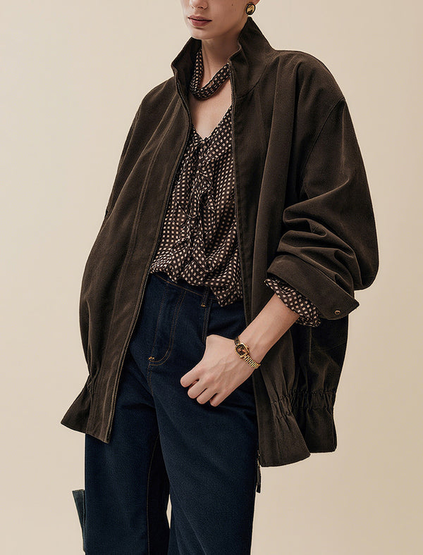 Brown Grid Print Sheer Blouse