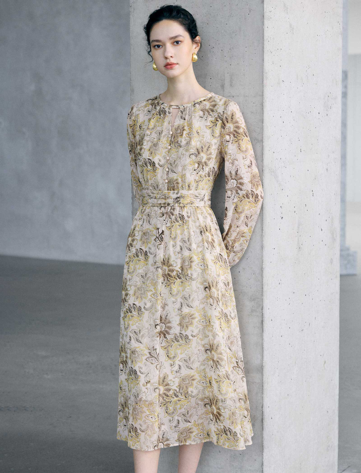 Floral Print Long Sleeve Midi Dress
