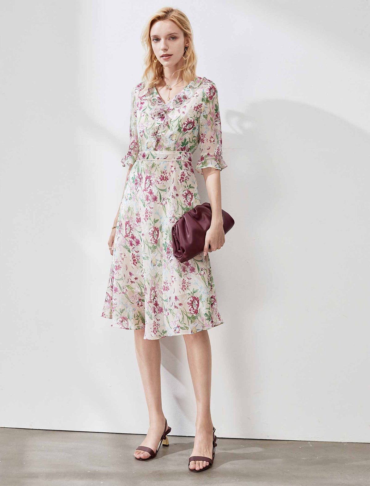 Chiffon Floral Waist-Cinched Ruffle Dress