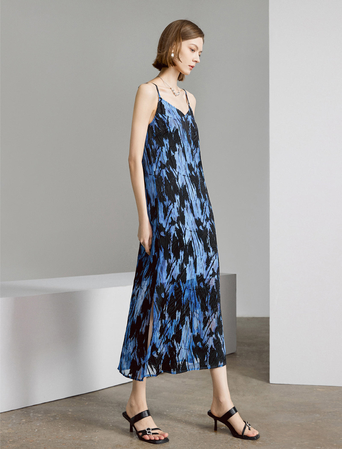 Floral Print Side Slit V-Neck Slip Midi Dress