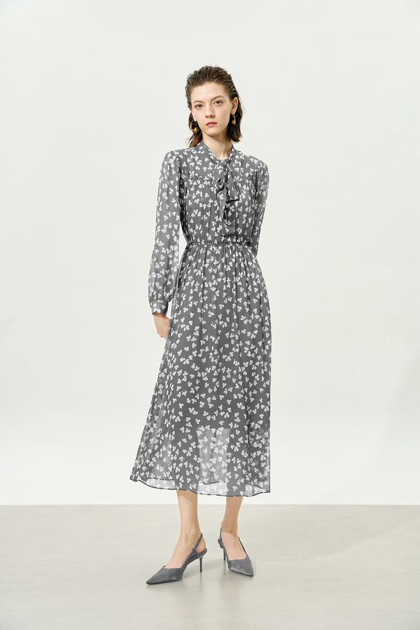 Grey Sheer Tie-Neck Floral Midi Dress