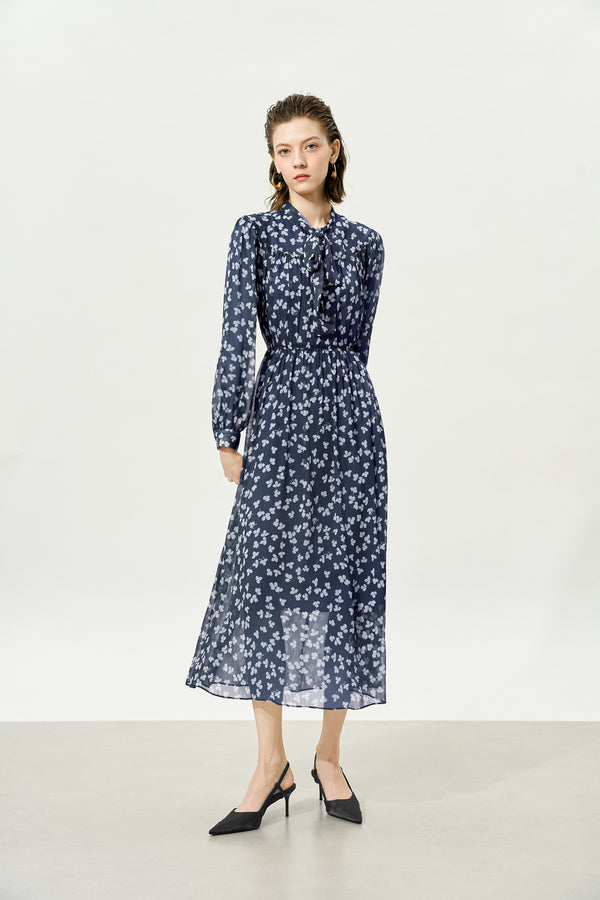 Navy Sheer Tie-Neck Floral Midi Dress