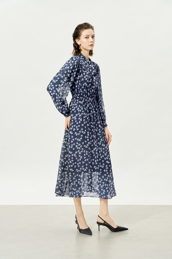 Navy Sheer Tie-Neck Floral Midi Dress