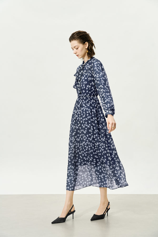 Navy Sheer Tie-Neck Floral Midi Dress