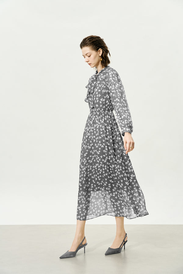 Grey Sheer Tie-Neck Floral Midi Dress