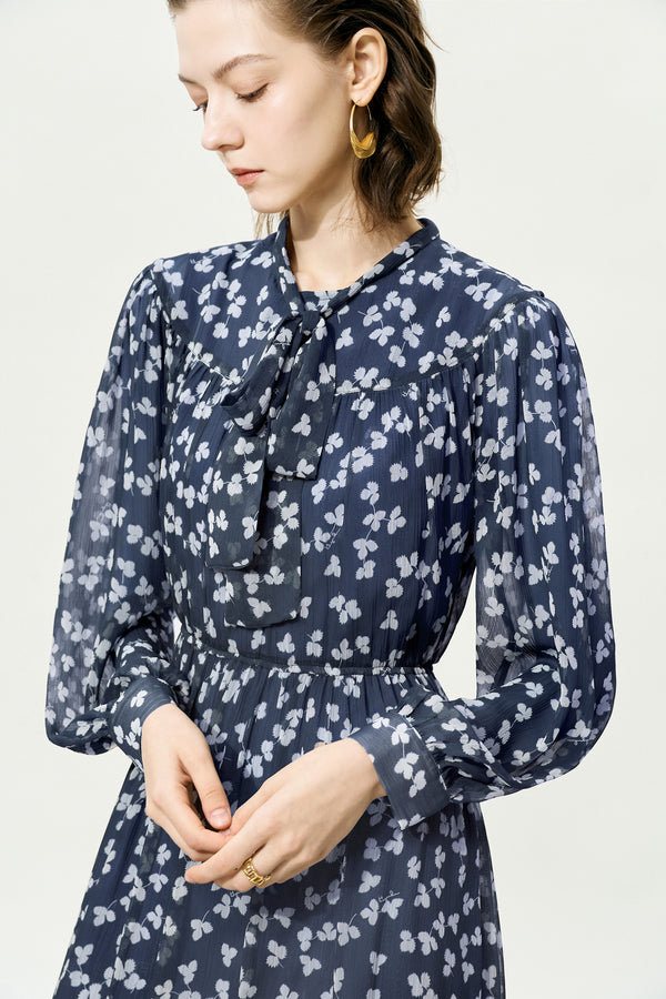 Navy Sheer Tie-Neck Floral Midi Dress