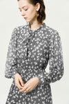 Grey Sheer Tie-Neck Floral Midi Dress