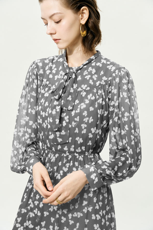 Grey Sheer Tie-Neck Floral Midi Dress