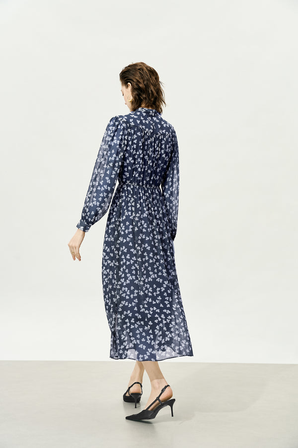 Navy Sheer Tie-Neck Floral Midi Dress
