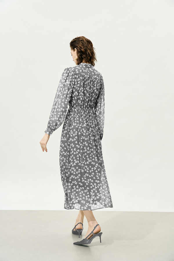 Grey Sheer Tie-Neck Floral Midi Dress
