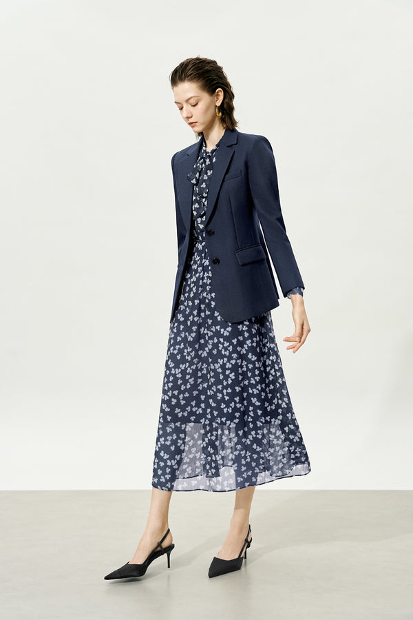 Navy Sheer Tie-Neck Floral Midi Dress