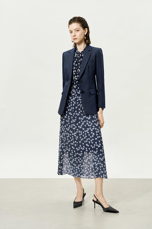 Navy Sheer Tie-Neck Floral Midi Dress