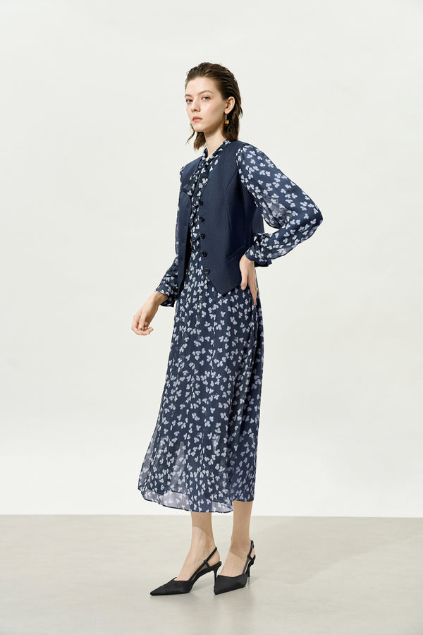 Navy Sheer Tie-Neck Floral Midi Dress