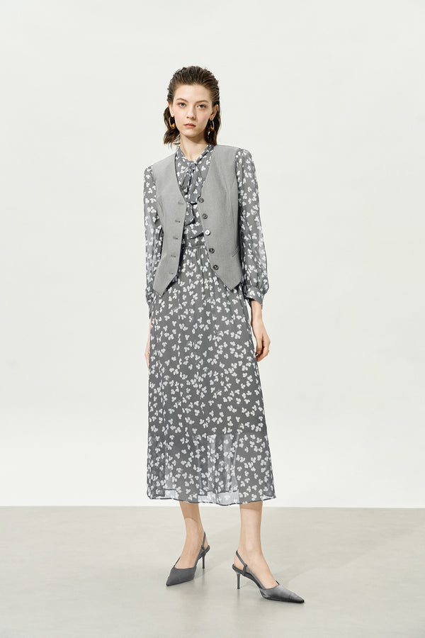 Grey Sheer Tie-Neck Floral Midi Dress