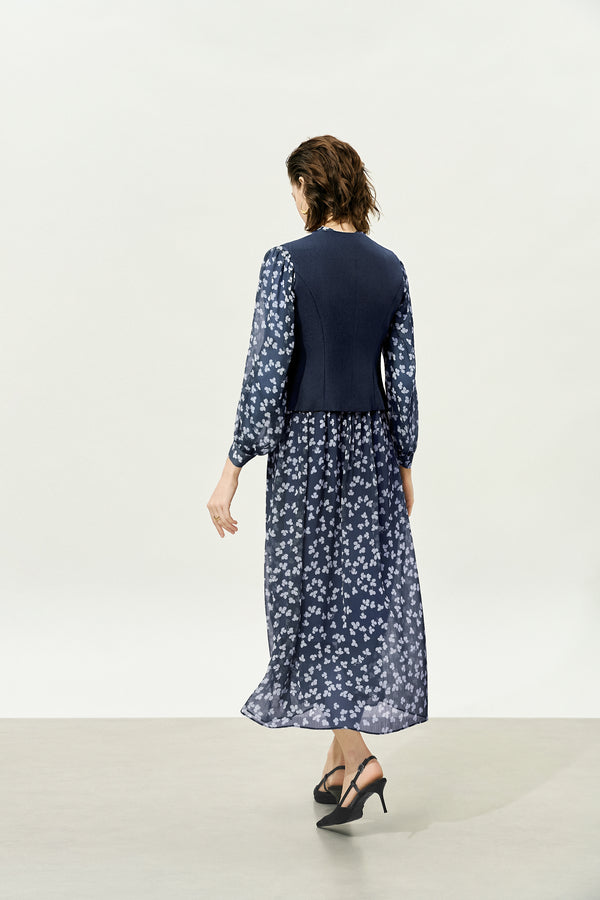 Navy Sheer Tie-Neck Floral Midi Dress