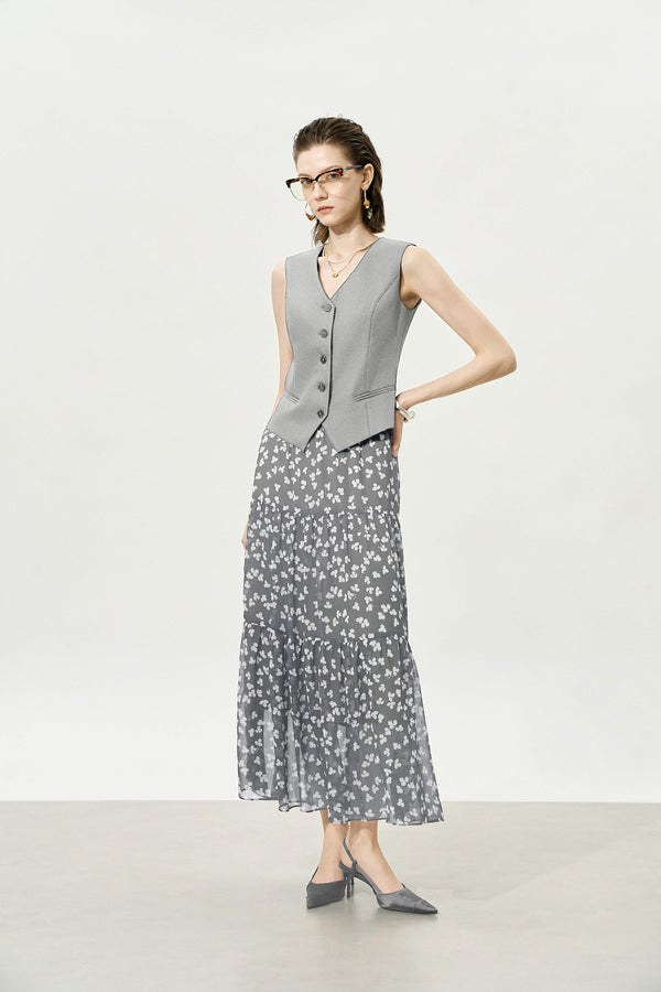 Grey Floral Multi-Layered Midi Skirt