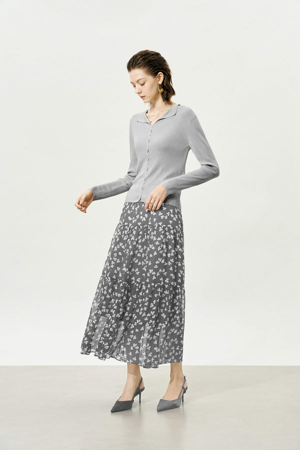 Grey Floral Multi-Layered Midi Skirt