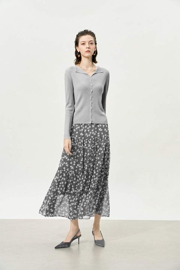Grey Floral Multi-Layered Midi Skirt