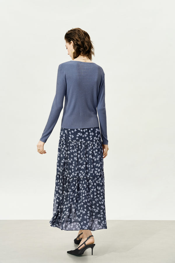 Navy Floral Multi-Layered Midi Skirt