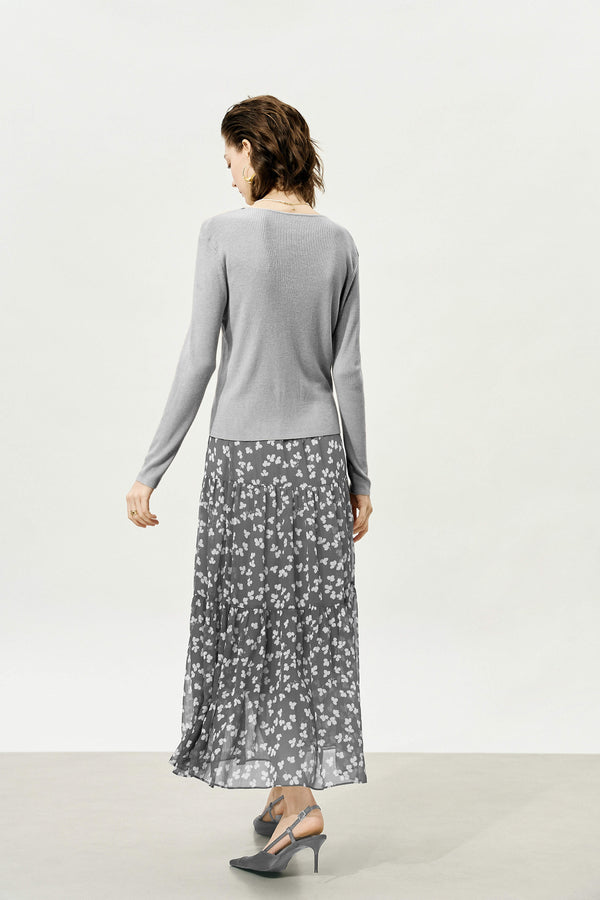 Grey Floral Multi-Layered Midi Skirt