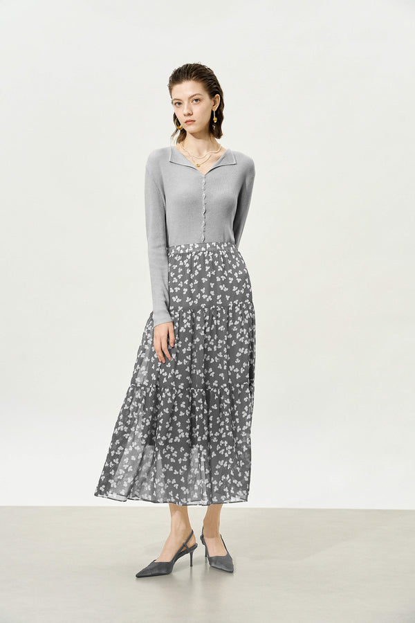 Grey Floral Multi-Layered Midi Skirt