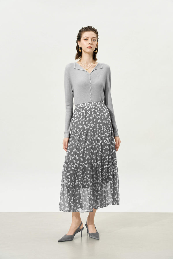 Grey Floral Multi-Layered Midi Skirt