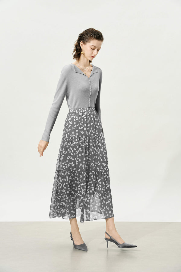 Grey Floral Multi-Layered Midi Skirt