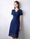 Lace Floral V-Neck Puff Sleeve Midi Dress