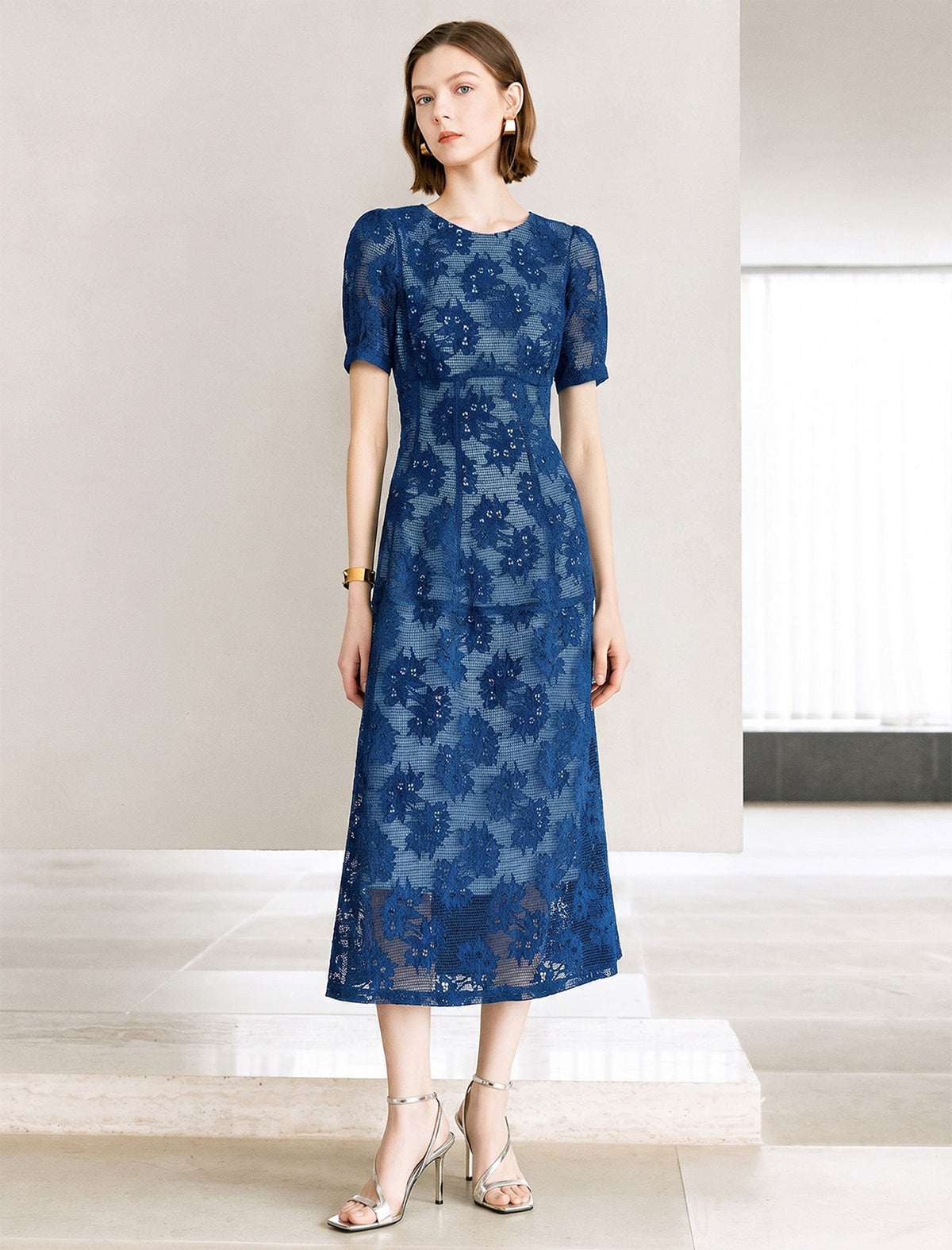 Noir Flocked Lace Midi Dress
