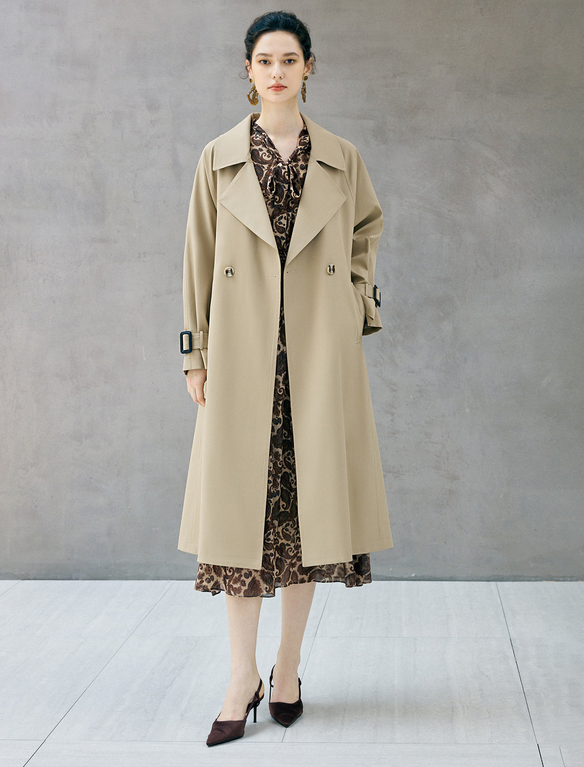 Double Breasted Midi Trench Coat with Waist Belt