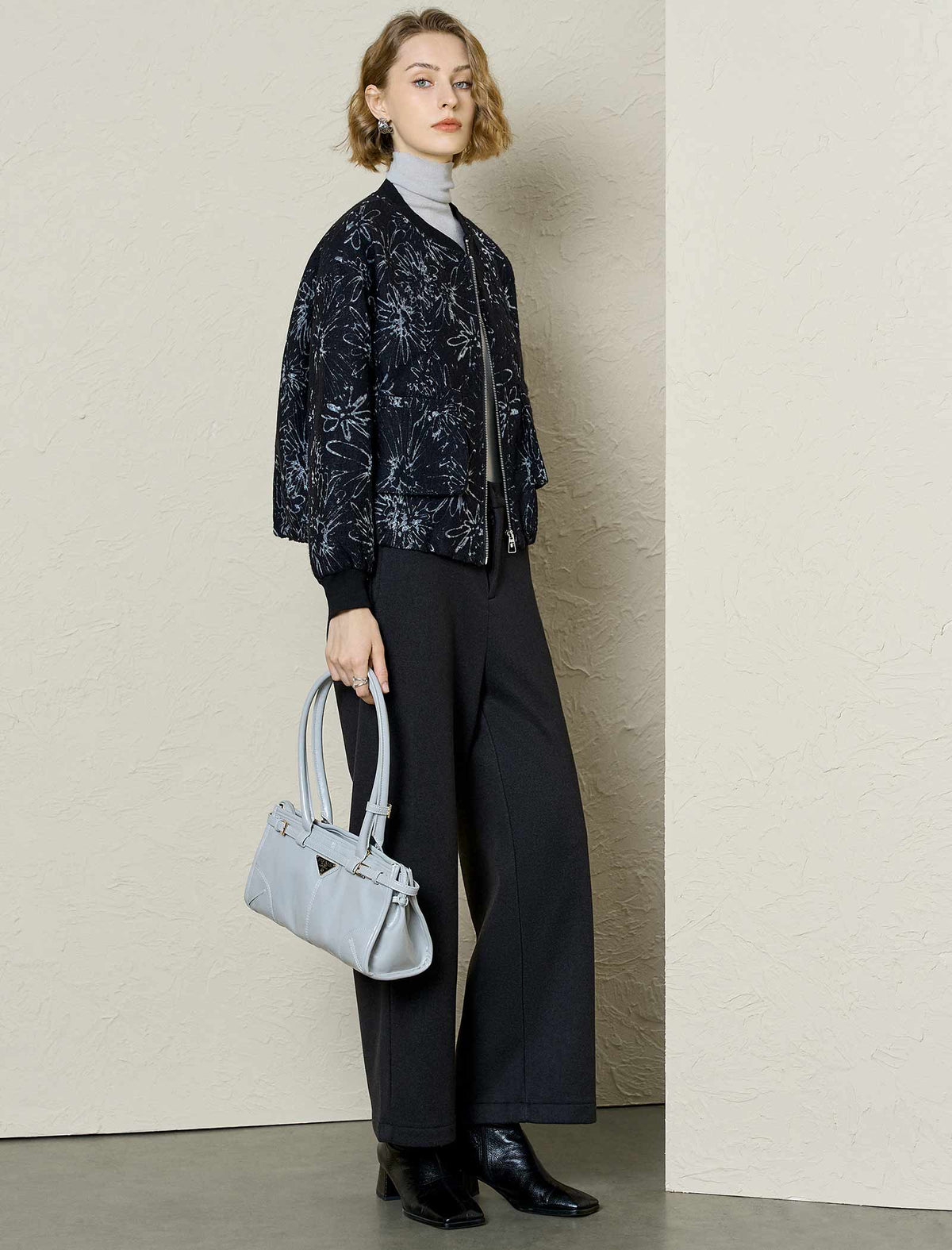 Black Textured Jacquard Floral Bomber Jacket