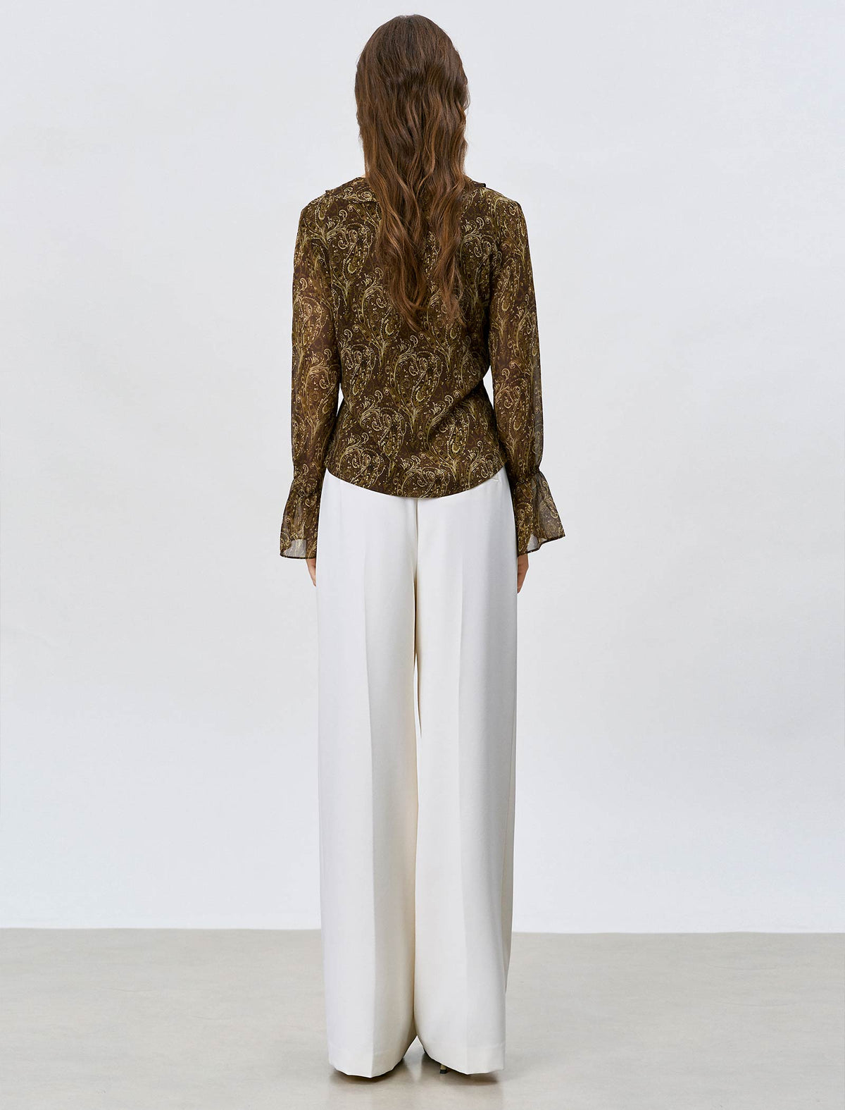 Brown Paisley Print Ruffle Chiffon Blouse