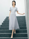Light Gray Mixed Fabric Pleated Midi Dress