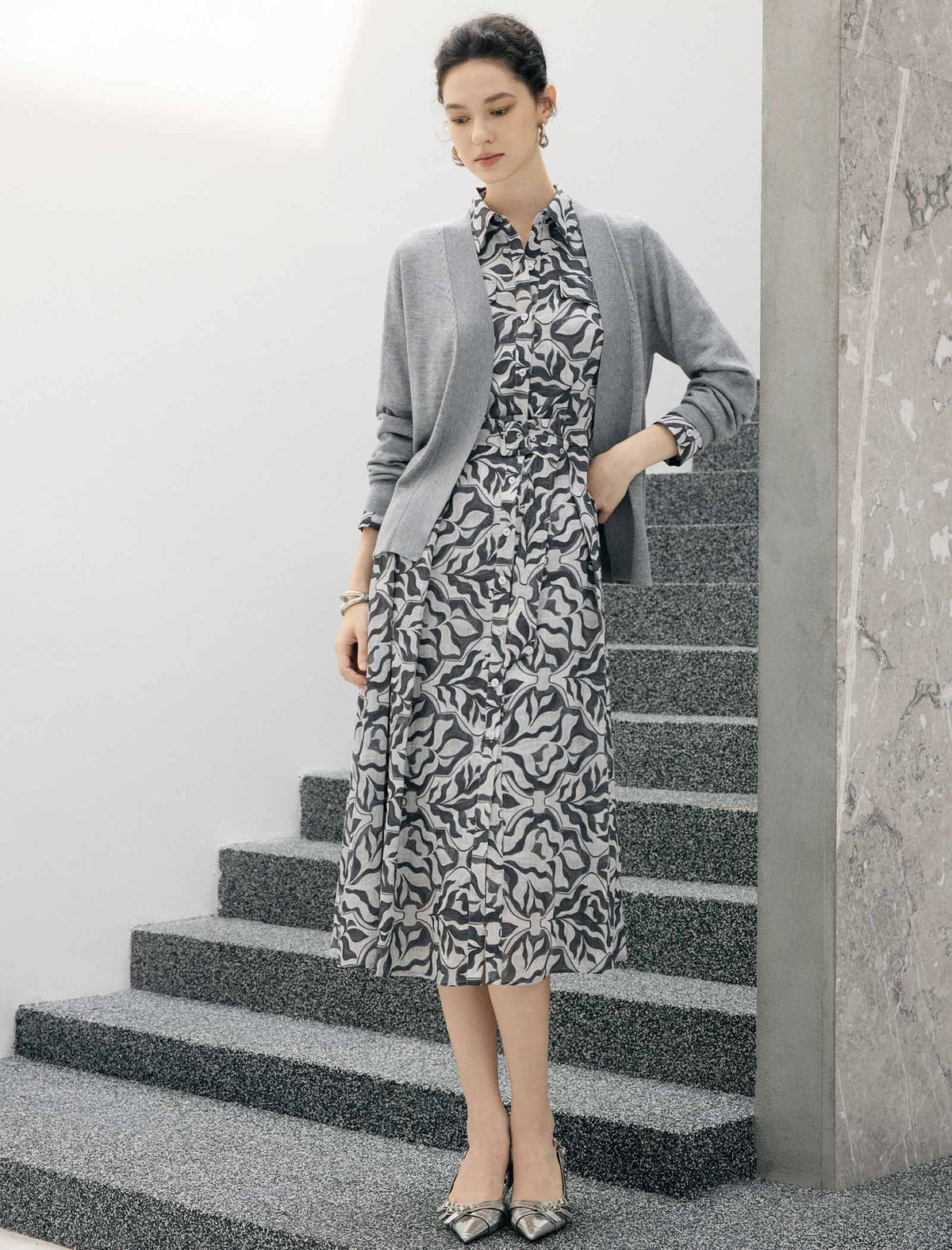 Abstract Floral Print Belted Long Sleeve Midi Shirt Dress