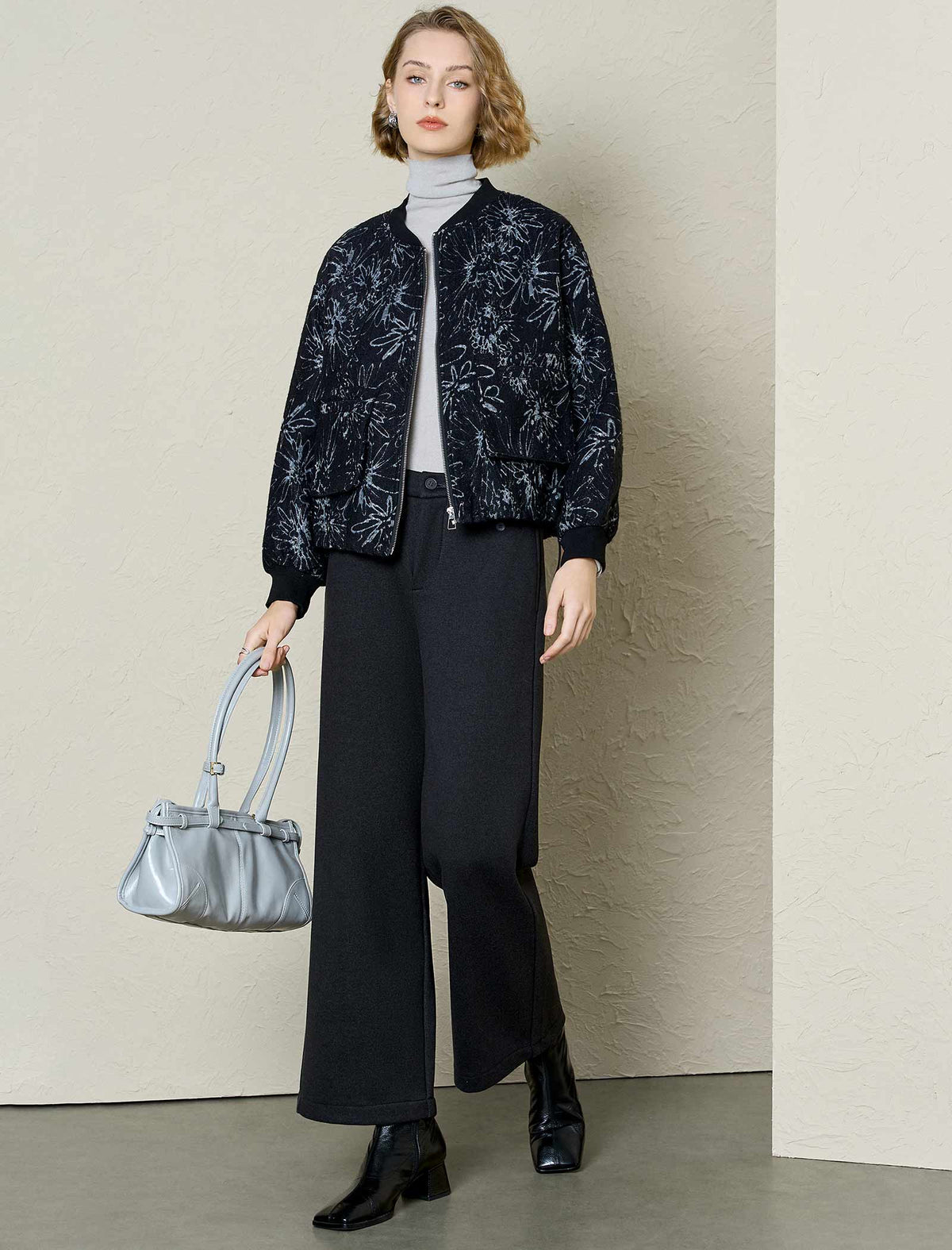 Black Textured Jacquard Floral Bomber Jacket