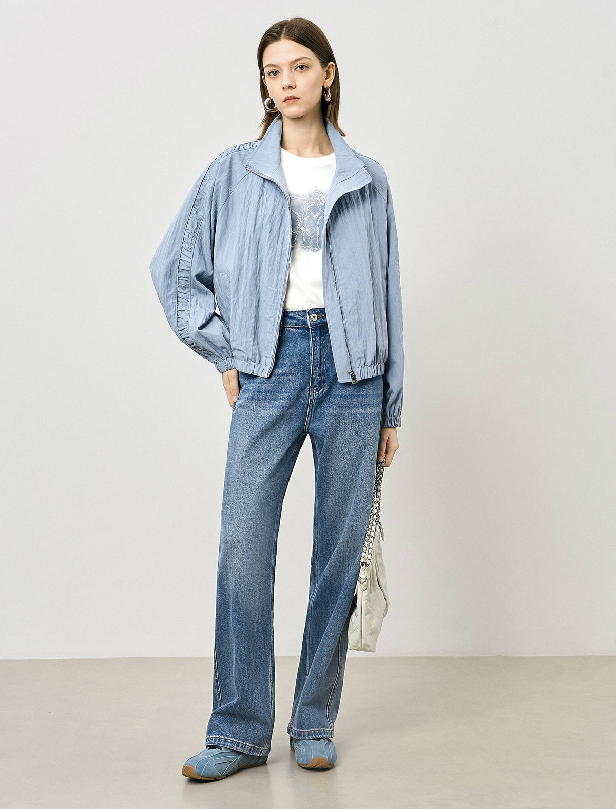 Stand Collar Zip Front Utility Jacket Coat