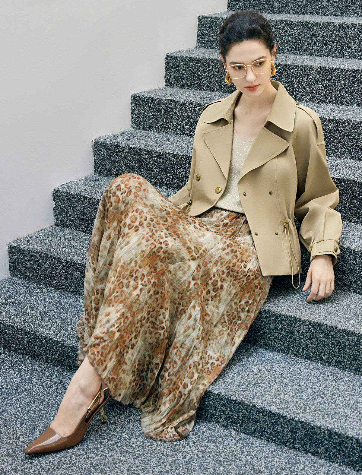 Abstract Print Pleated A-Line Midi Skirt