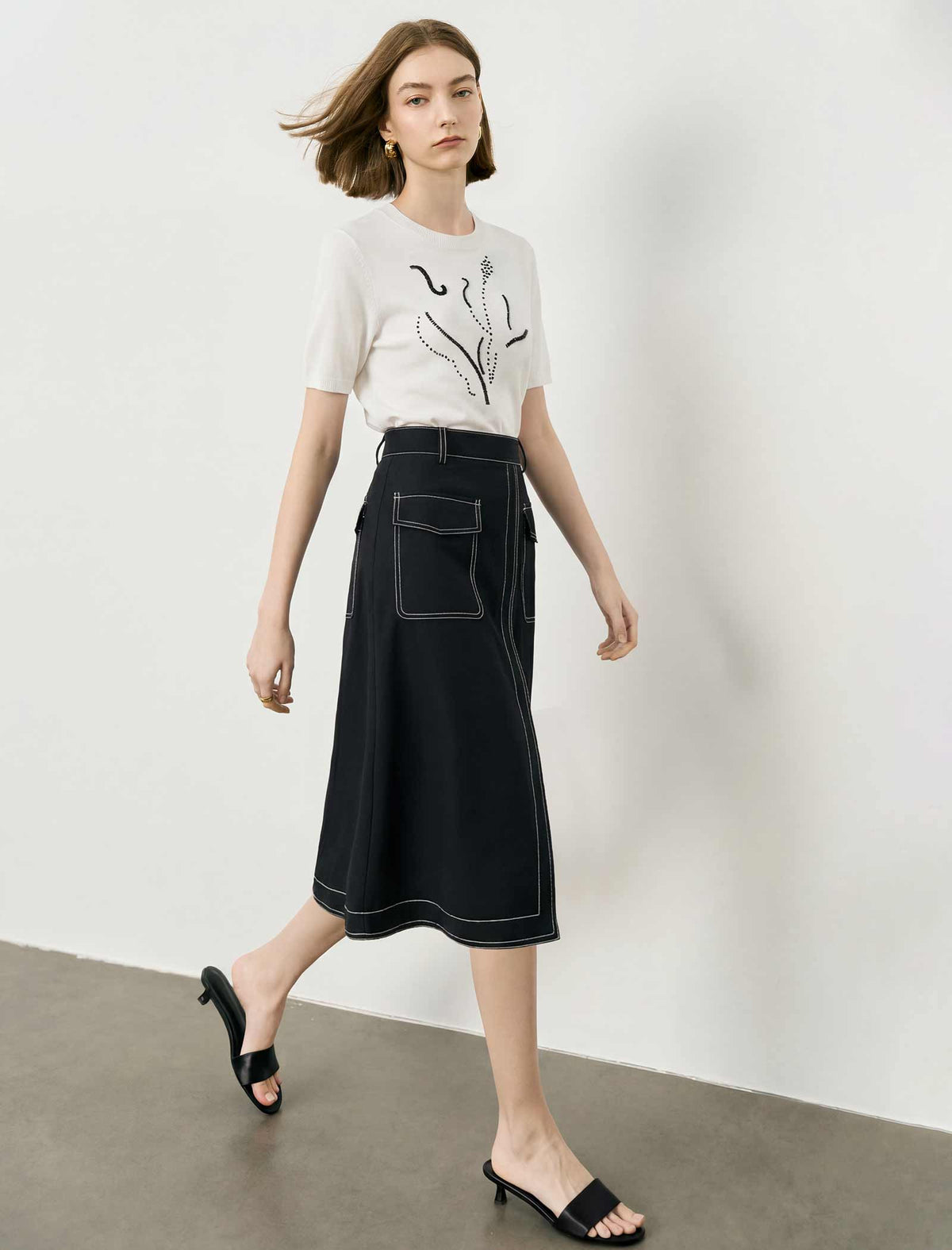 Black Contrast Stitch Midi Wrap Skirt