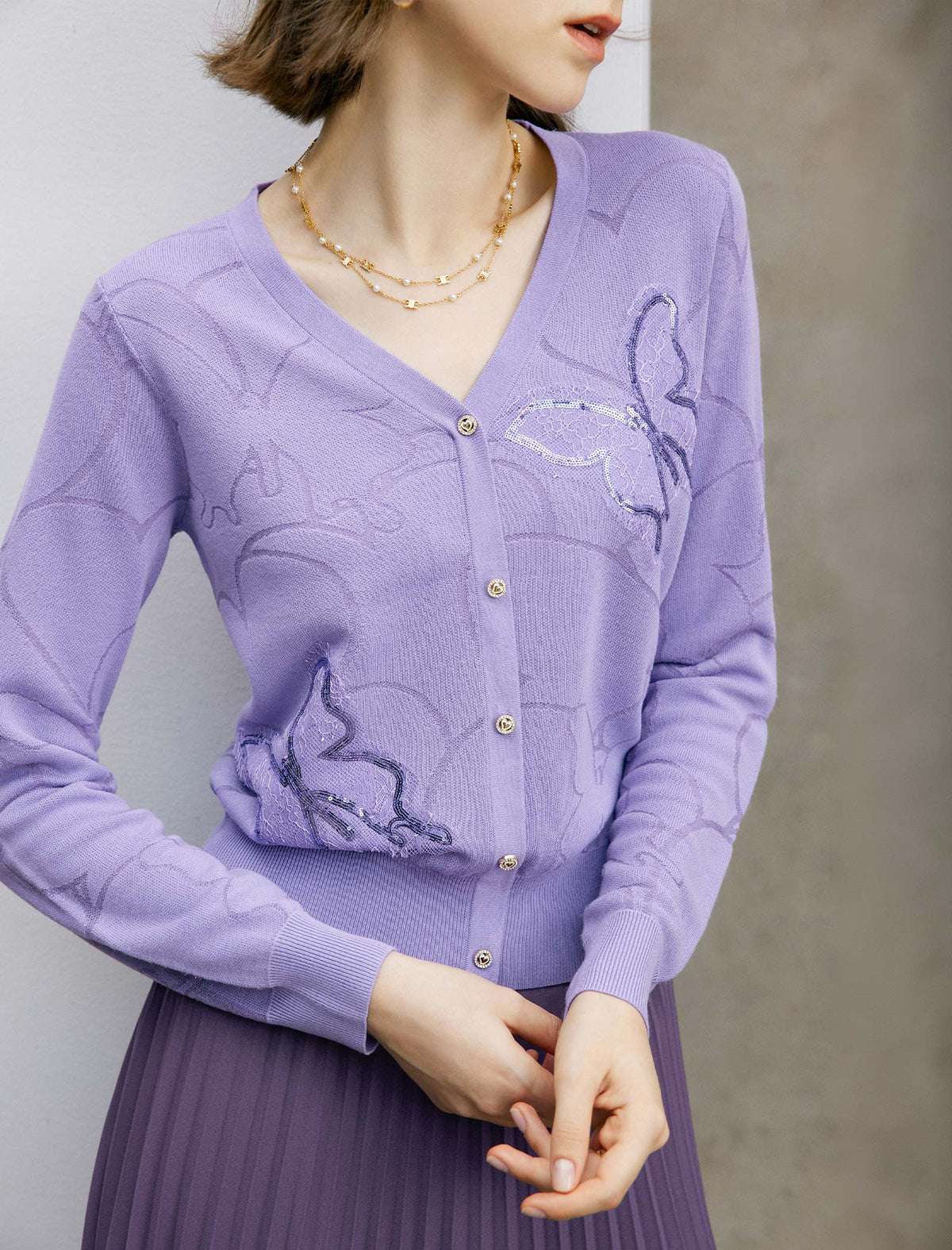 Purple Butterfly Jacquard V-Neck Cardigan