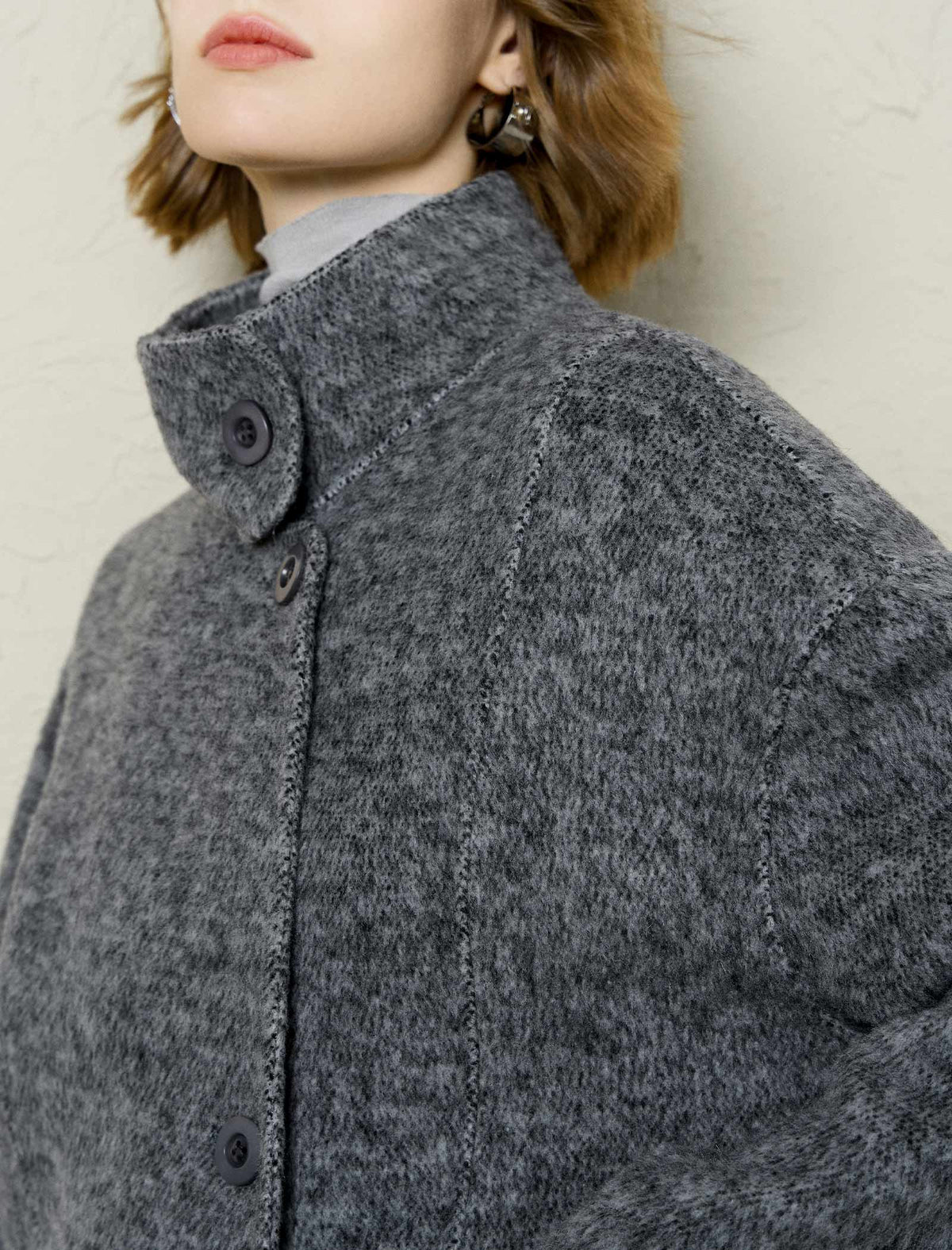 Wool-Alpaca Blend Stand Collar Textured Coat