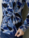 Blue Abstract Print Twist Front Long-Sleeve Top
