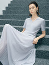 Light Gray Mixed Fabric Pleated Midi Dress