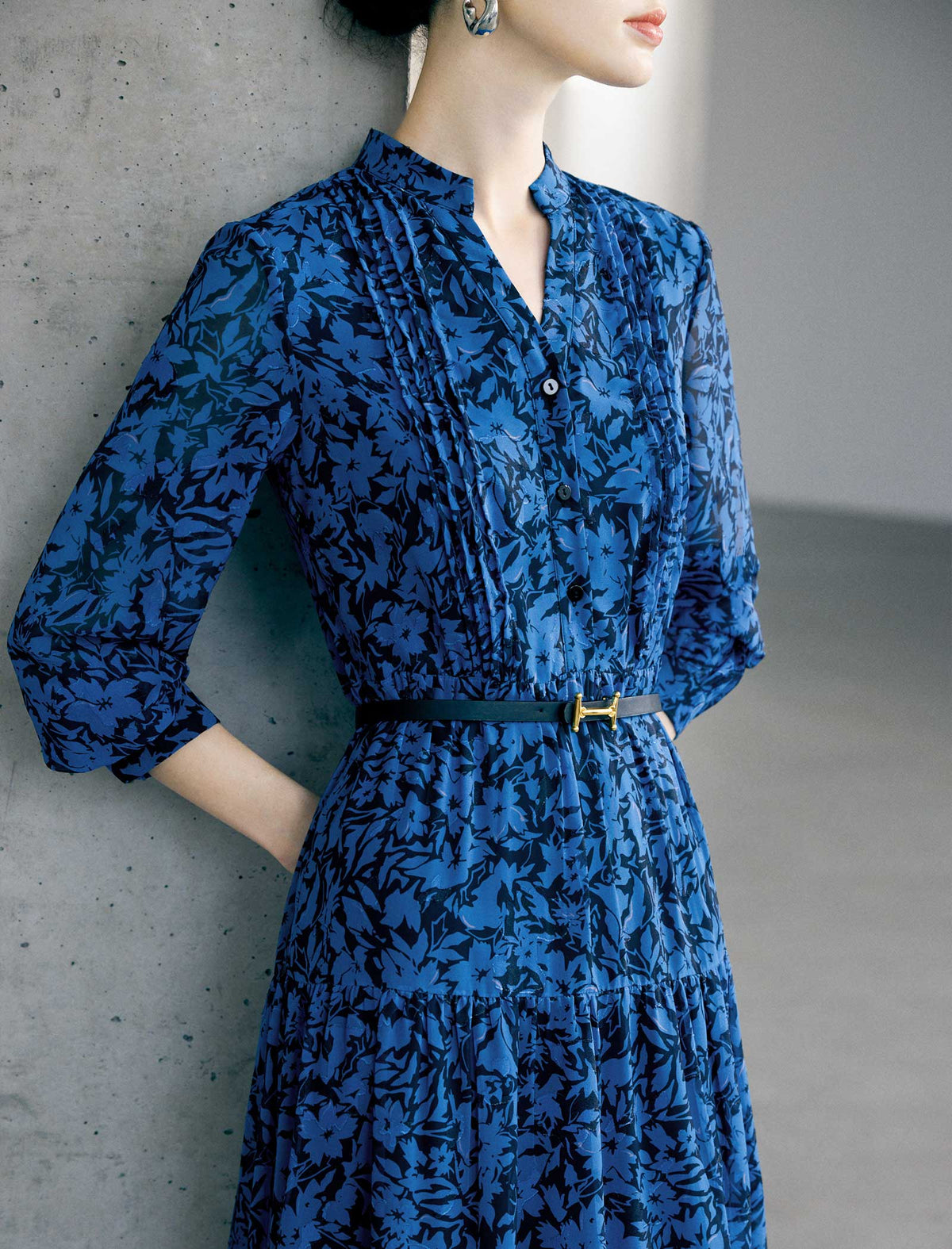 Floral Print Belted Pleated Midi Dress