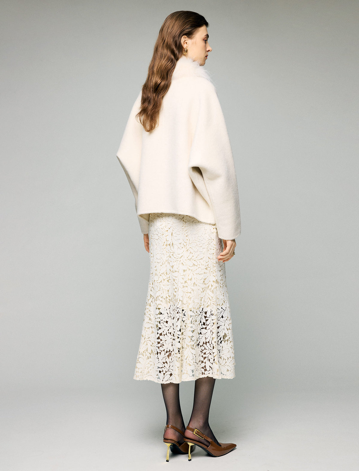 Wool Blend Plush-Collar Open-Front Cropped Jacket