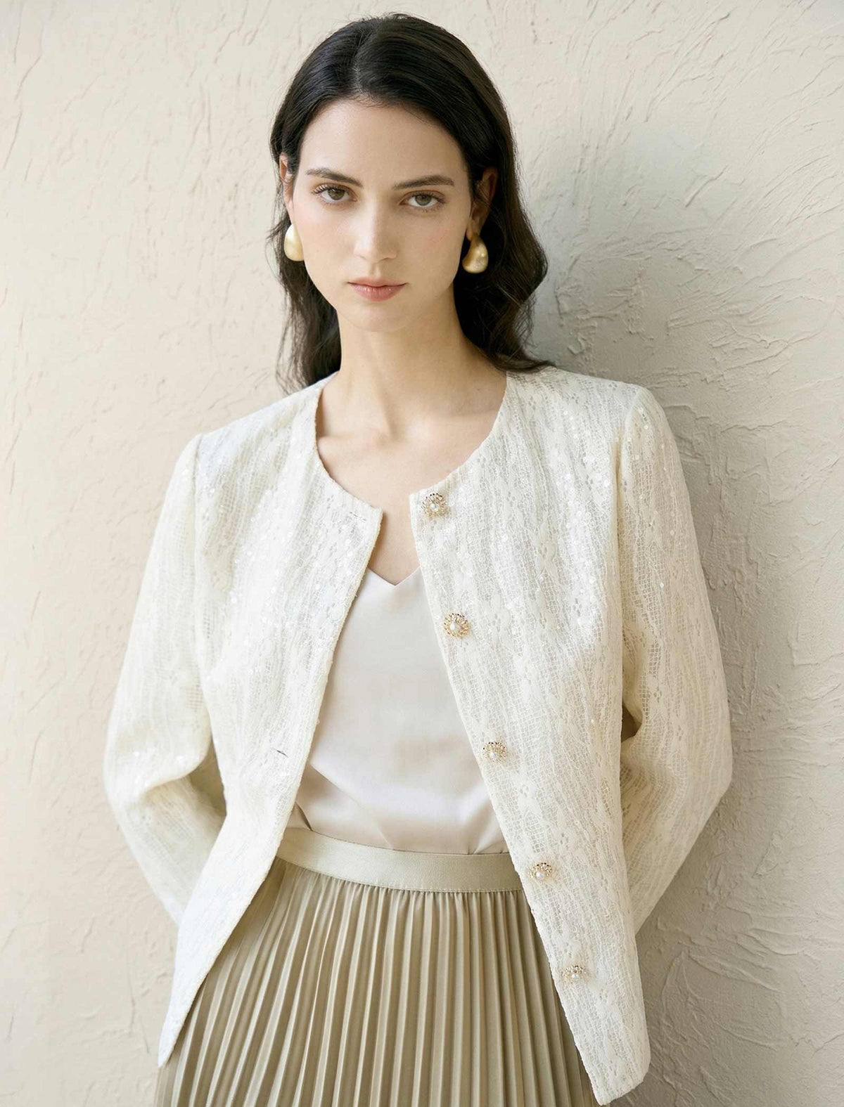Ivory Sequin Lace Cropped Jacket